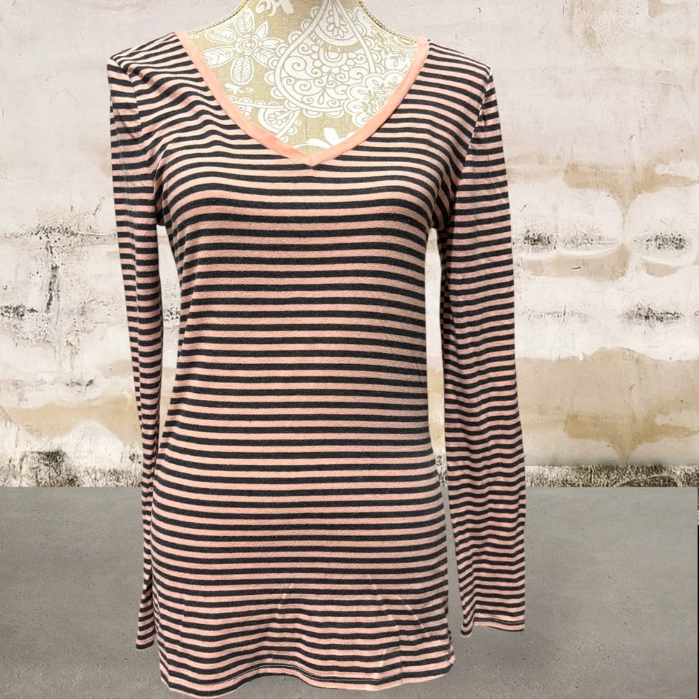 Rue 21 Peach/Black Striped V-Neck Long Sleeve Top Women’s Size XL